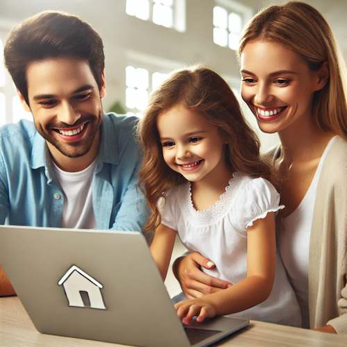 A-family-using-a-laptop-looking-happy-and-engaged.-The-scene-should-depict-a-father-mother-and-daughter-smiling-while-interacting-with-the-computer