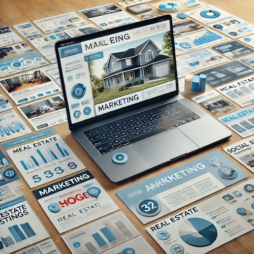 Laptop-screen-showing-a-variety-of-marketing-materials-for-real-estate-including-flyers-brochures-and-social-media-posts.