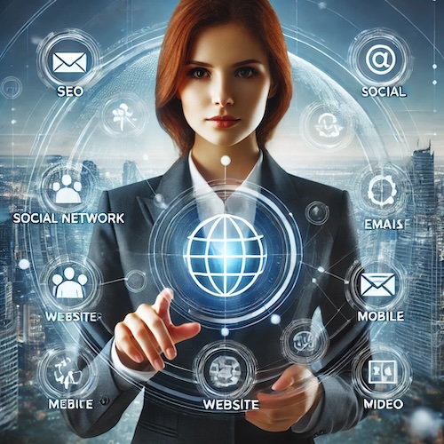 DALL·E-2024-07-25-18.53.48-A-professional-businesswoman-in-a-suit-interacting-with-a-virtual-interface-showing-various-digital-marketing-elements-like-SEO-social-network-